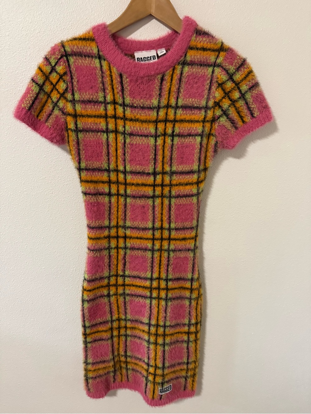 The Ragged Priest Checked Eyelash Knit Mini Bodycon Clueless Dress Pink Orange-L